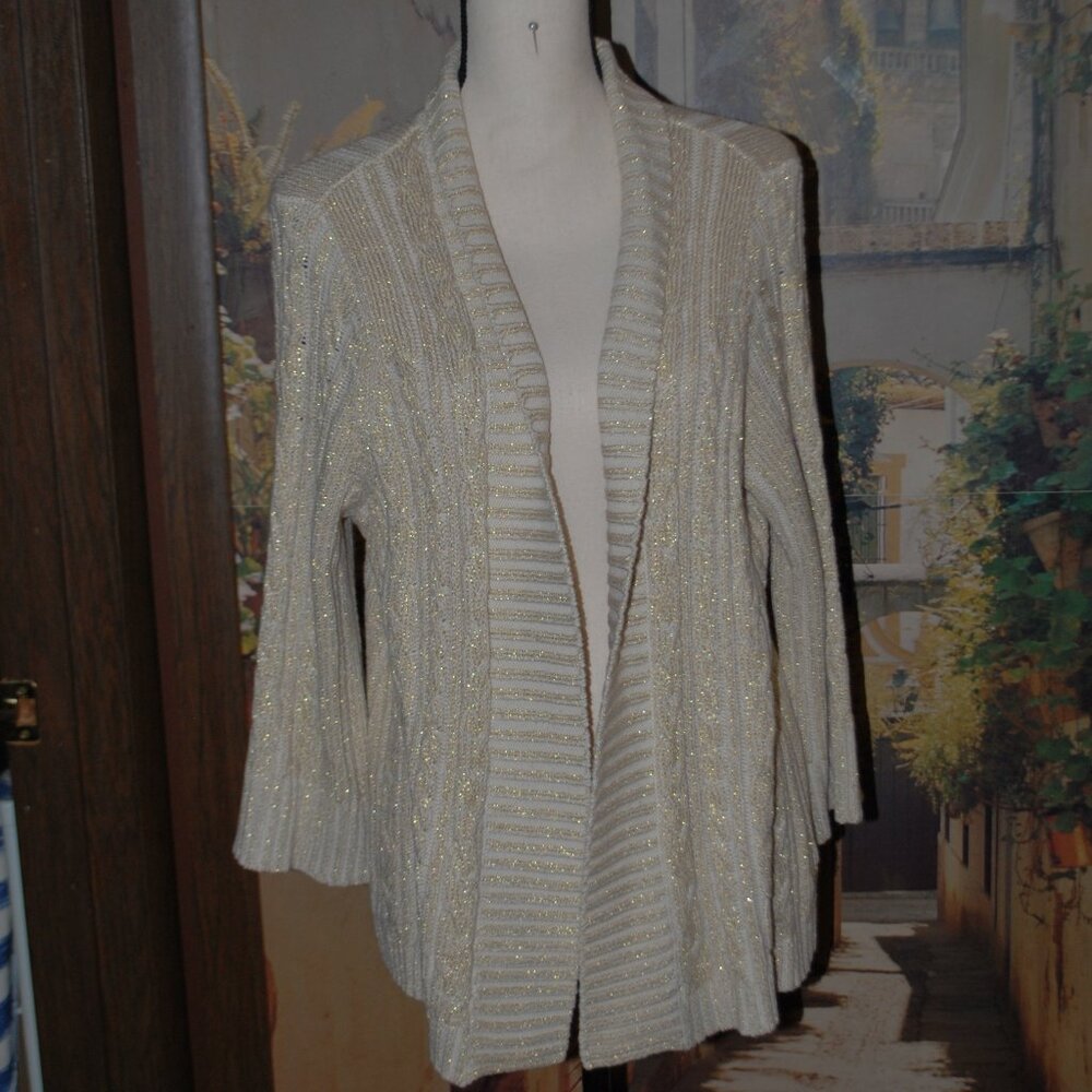 Charter Club Open Front Beige & Gold Sweater - PXL